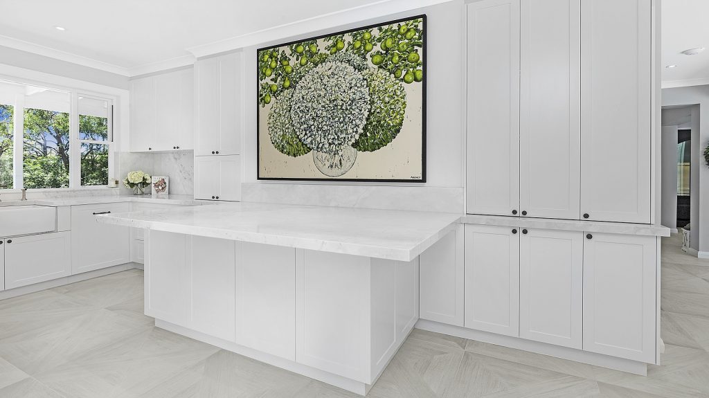 AFTER Oatley Renovation, Shaker style kitchen with a Carrara marble benchtop